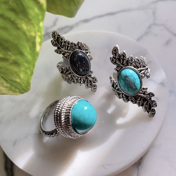 Turquoise & Black Stone Ring Bundle - Picture 1 of 17